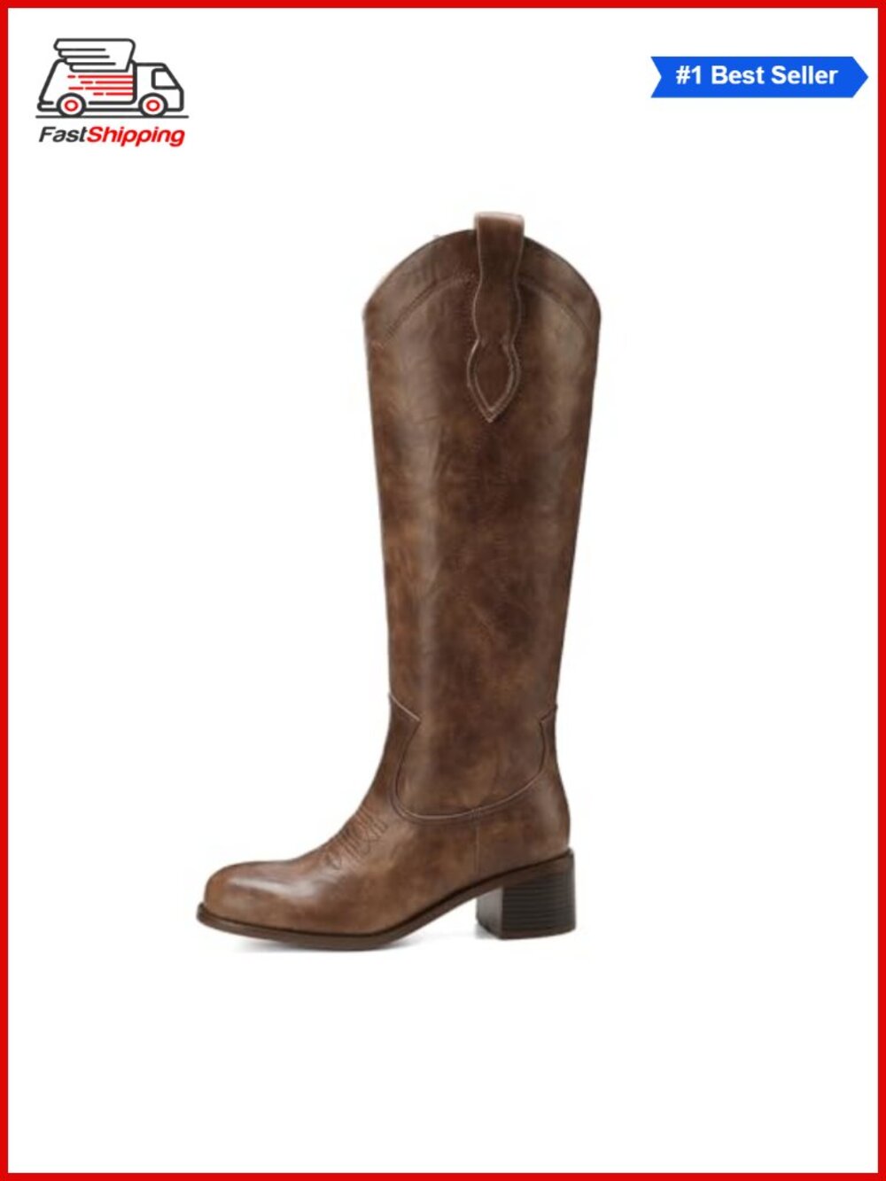 Faux Leather Knee High Boots Square Toe Block Heel Western Style